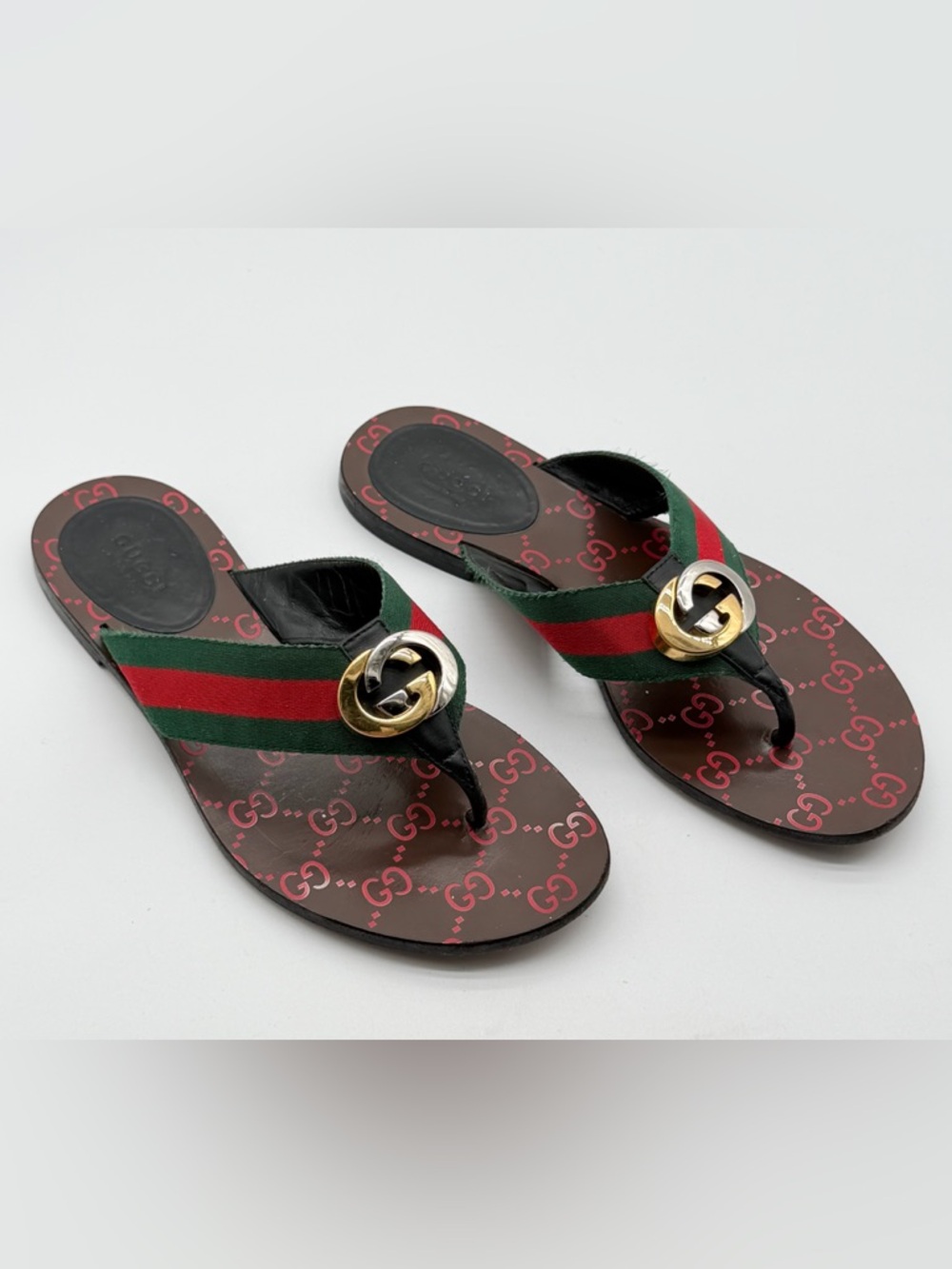 Gucci Kika GG Web Stripe Thong Sandals Black Red Flip Flop Flats EU 38 US 8